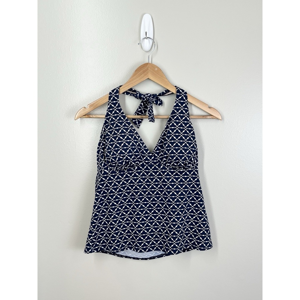 Lands End Womens Blue Geometric Tankini Swim Halter Top Sz 8 Beach Vacation